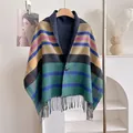 Multicolor striped plaid wool shawl with button closure and long fringe tassels - Style 2 (Green Blue Plaid) / 150*50cm