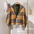 Knitted plaid poncho cape in mustard yellow with brown stripes and fringe trim - Style 4 (Ginger Yellow Patchwork) / 150*50cm