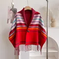 Colorful striped wool shawl with single button closure and fringe detail in soft knit - Style 6 (Colorful Contrast) / 150*50cm