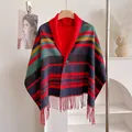 British style plaid shawl cape with red stand collar and fringe trim for autumn and winter - Style 1 (Red Green Blue Yellow Plaid) / 150*50cm