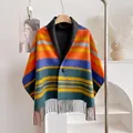 Multicolor striped wool tassel shawl with single-button closure and lapel collar - Style 5 (Multi-color Horizontal Stripes) / 150*50cm