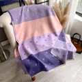 Pink and purple striped cashmere shawl with heart jacquard pattern and fringes - Purple