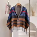 Striped knit wool poncho for women with fringe details and button closure in brown and blue - Style 7 (Blue Red Brown Patchwork) / 150*50cm