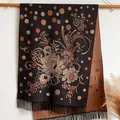 Ethno-Schal mit Pfingstrosen-Stickerei, Quasten und doppelseitigem Muster für Damen - Schwarzbraun
