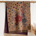 Ethnic peony flower cashmere feel scarf with colorful dots and tassels in khaki color - 185x65cm / Khaki (BXS-536)
