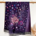 Ethnic dark purple cashmere-style shawl with pink peony floral patterns and tassels - 185x65cm / Purple (BXS-537)