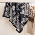 Elegant iris flower print dark grey cashmere scarf with fringe and artistic script - Black