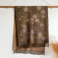 Dark coffee cashmere-feel scarf with purple flower pattern and elegant fringe - 185*65cm / Green