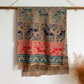 Ethnic knit shawl with horse and plant motifs, camel base with red and blue tassels - Khaki