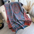 Écharpe bohème en cachemire bleu marine et orange avec motifs géométriques - 185cmx65cm / Bleu Rouge