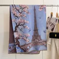 Detail of blue pashmina scarf with Eiffel Tower jacquard pattern and fringe edge - Yh-104 Blue - Iron Tower / 180x65