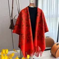 Orange-red faux cashmere shawl with retro black floral patterns and long tassels - Red