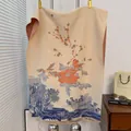 Scialle lavorato a maglia in stile cinese con fiori di peonia e dettagli in frange - Beige