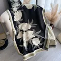 Thick vintage black pashmina scarf with white floral patterns and green borders - Black