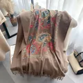 Ethnic brown pashmina shawl with colorful floral embroidery and fringed edges - 185-65cm / Camel