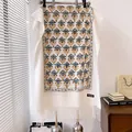 White vintage style scarf with blue floral embroidery and fringe tassels detail - Top (CX-195) / 185x65cm / White