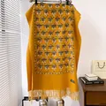 Ginger yellow vintage floral cashmere pashmina shawl with tassel fringe details - Top (CX-196) / 185x65cm / Yellow