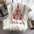 White cashmere shawl featuring ethnic floral embroidery and long fringes for women - 185-65cm / White (CX-167)