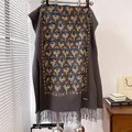 Dark grey cashmere scarf featuring floral embroidery and elegant tassel details - Top (CX-199) / 185x65cm / Gray