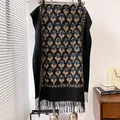 Vintage black scarf with floral embroidery and fringed edges for women in autumn - Top (CX-200) / 185x65cm / Black