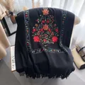 Ethnic style black cashmere-like shawl with colorful floral embroidery and long tassels - 185-65cm / Black (CX-168)