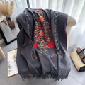 Dark grey cashmere-like shawl featuring intricate colorful floral embroidery and long tassels - 185-65cm / Gray (CX-171)