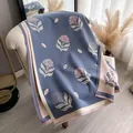 Grey-blue and pink cashmere-like shawl with floral prints and fine fringe details - Blue