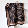 Double-sided floral cashmere scarf with fringe in black and caramel brown colors - 185cm / Black Camel
