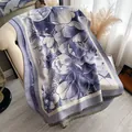 Elegant purple floral pashmina shawl with tulip pattern and tassel fringes on sofa - Yh-119 Deep Blue - Peony / 180x65
