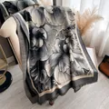 Elegant pashmina shawl with black floral ink painting and fringes on white chair - Yh-121 Gray - Peony / 180x65
