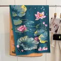 Reversible faux cashmere scarf with blue lotus pattern and orange contrast lining - Yh-099 Lotus / 180x65