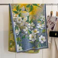 Elegant floral cashmere-feel scarf in blue and yellow with delicate fringe details - Yh-111 Gardenia / 180x65