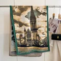 Retro style cashmere scarf featuring European church architecture and green tassels - Yh-110 Clock Tower / 180x65