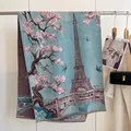 Eiffel Tower landscape pashmina with pink cherry blossoms and teal floral knit details - Yh-103 Light Green - Iron Tower / 180x65