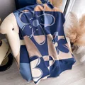 Winter faux cashmere scarf with blue and beige geometric floral color block pattern - Blue
