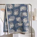 Navy blue cashmere shawl with white monstera leaf print and delicate fringe - 185x65cm / Blue