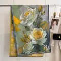 Elegant floral faux cashmere scarf with yellow roses, vintage landscape print and tassels - Yh-109 White Rose / 180x65