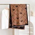 Thick cashmere-feel scarf with coffee and black heart patterns and fringe tassels - Black Camel / 185cm