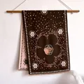 Brown and pink cashmere scarf with camellia floral patterns and fringed edges - Camellia - Coffee