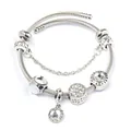 Silver twisted wire bracelet with Love Is Forever beads and crystals on white background - White