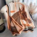 Elegant thick shawl with horse harness patterns and fringes in ivory and orange - Beige Orange