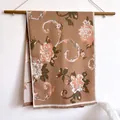 Tan cashmere-like shawl with pink floral jacquard patterns and delicate short fringe - Peony Khaki