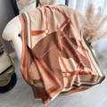 Elegant horse jacquard shawl scarf with fringes in beige, orange, and olive green - Khaki