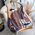Thick equestrian jacquard shawl with horse motif and fringes in beige and orange - Beige Brown