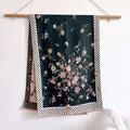 Vintage floral faux cashmere scarf in dark green and orange with polka dot borders - Black Flower