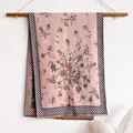 Pink retro floral print scarf with gray polka dot borders and fringe tassels - Floral Pink