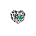 Silver hollow heart bead charm with green gemstone for DIY charm bracelets - May (Green)