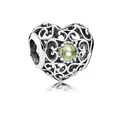 Hollow heart charm in silver alloy with light green gemstone for DIY bracelets - August (Light Green)