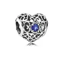 Silver hollow filigree heart charm with deep blue crystal gemstone for bracelets - September (Sapphire Blue)