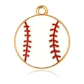 Pendentif baseball en émail blanc avec coutures rouges et bord doré pour bijoux DIY - Style de baseball / 2,1cm x 1,8cm / Blanc